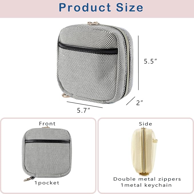 Small Canvas Makeup Bag with Compartments for Purse, Wide-open Makeup Pouch with Zipper and Keychain, Key Pocket Lipstick Bag Travel Organizer Bag (04Black)