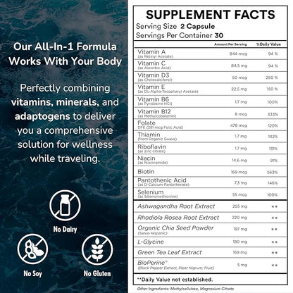 Supplement 2 Pack: Jet Lag Prevention + Ashwagandha, Rhodiola, D3+ for Immune Support, Energy, Digestive Health | Airplane Travel Essentials Multivitamin | Vegan | 120 Count