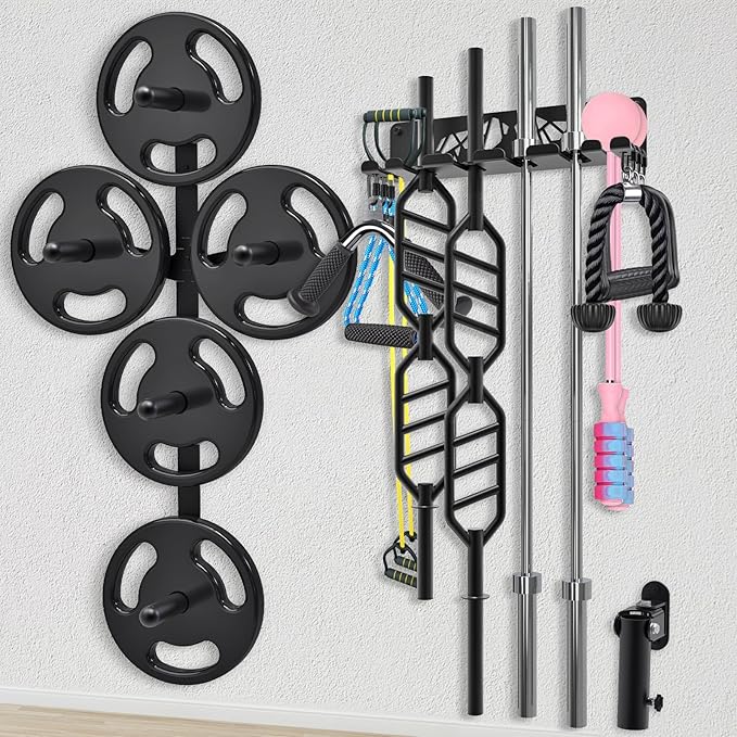 Kipika Gym Organizer Set Wall Mounted Weight Plate Storage Rack Barbell Storage Rack with T-Bar Row Landmine Platform Attachment Durable Steel Construction Easy Installation