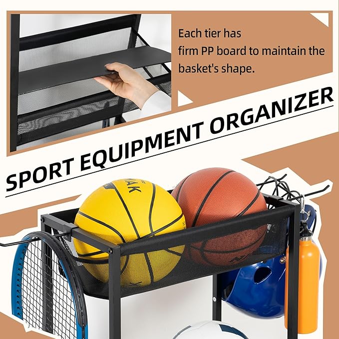 STORAGE MANIAC Ball Storage Bin Rolling Sports Ball Cart, Metal Garage Organizer Sport Rack Basketball Storage Cage for Garage or Gym, Indoor & Outdoor Sports Equipment Organizer