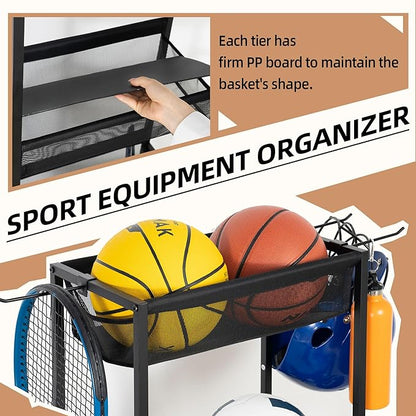 STORAGE MANIAC Ball Storage Bin Rolling Sports Ball Cart, Metal Garage Organizer Sport Rack Basketball Storage Cage for Garage or Gym, Indoor & Outdoor Sports Equipment Organizer