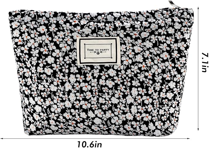 Flower Makeup Bag Travel Large Cosmetic Bag for Women Cute Cotton Makeup Pouch Zipper Cosmetic Pouch for Purse Aesthetic Black Floral Make up Organizer Bag Portable Toiletry Bags