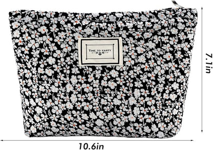 Flower Makeup Bag Travel Large Cosmetic Bag for Women Cute Cotton Makeup Pouch Zipper Cosmetic Pouch for Purse Aesthetic Black Floral Make up Organizer Bag Portable Toiletry Bags