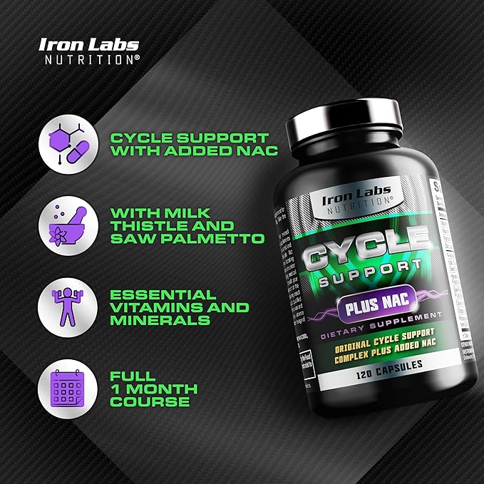 Iron Labs Nutrition: Cycle Support Plus NAC (N-Acetyl-L-Cysteine) - Kidney and Liver Support Supplement - On Cycle Support Supplements for Men - N Acetyl L Cysteine and Milk Thistle (120 Capsules)