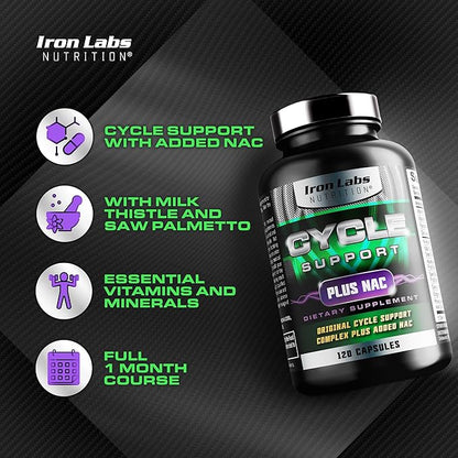 Iron Labs Nutrition: Cycle Support Plus NAC (N-Acetyl-L-Cysteine) - Kidney and Liver Support Supplement - On Cycle Support Supplements for Men - N Acetyl L Cysteine and Milk Thistle (120 Capsules)