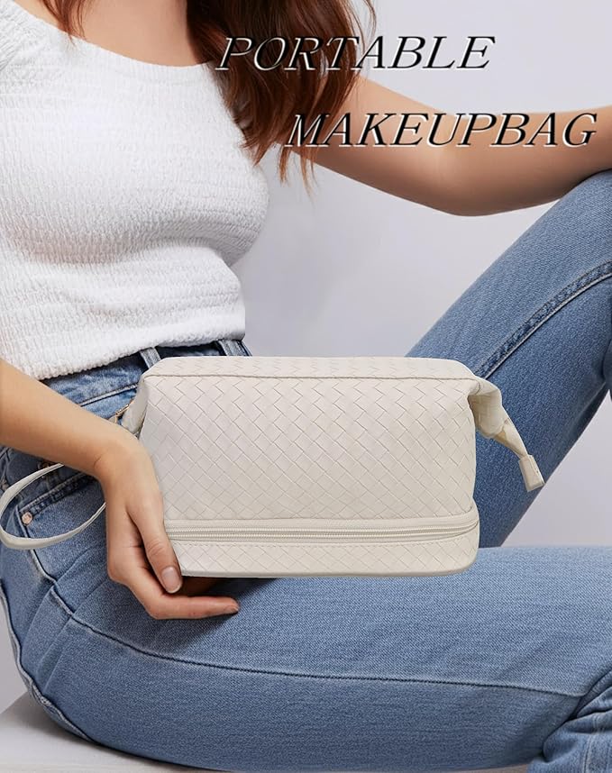 NGIL Faux Leather Cosmetic Bag for Women, Makeup Bag Organizer, Makeup Brush Storage, Portable Travel Bag for Toiletries (Woven, Cream, Medium)