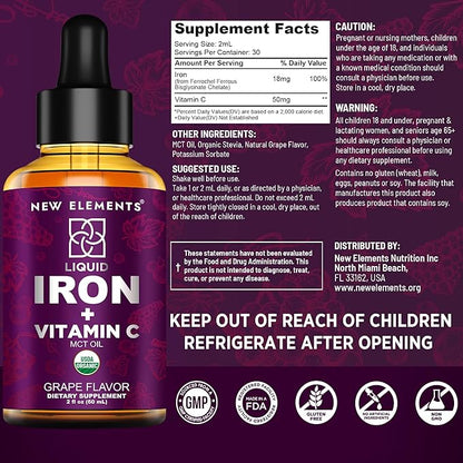 [2 𝐏𝐚𝐜𝐤] Liquid Iron Supplement for Women & Men with Vitamin C 50 mg and Iron 18 mg | Blood Builder for Anemia | Iron Drops | Blood Levels | Immune Support | Non-GMO | Vegan | Gluten-Free