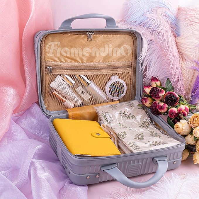 Framendino, Portable Hard Shell Cosmetic Organizer Bag Travel Case Hand Luggage With Elastic Band Silver