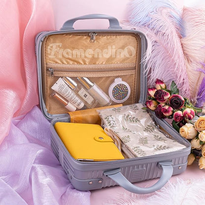 Framendino, Portable Hard Shell Cosmetic Organizer Bag Travel Case Hand Luggage With Elastic Band Silver