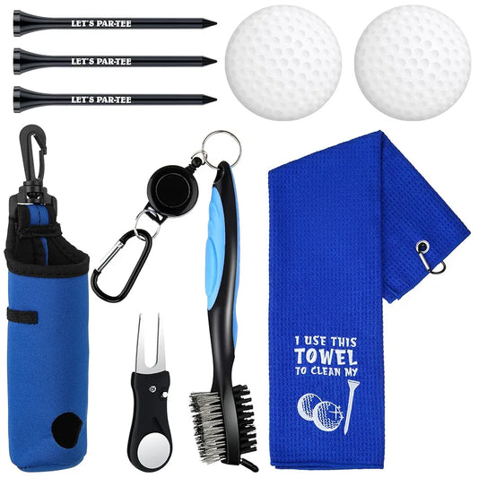 9 Pcs Golf Accessories Kit Golf Club Cleaning Kit Include Microfiber Towel, Cleaner Brush, Ball and Tee Holder, Divot Repair Tool, Ball Bag with Hook for Men Women Gifts