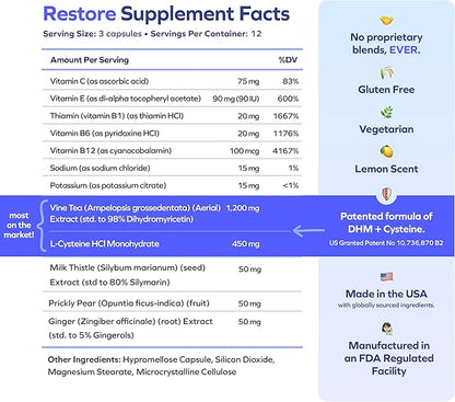 Cheers Restore | Supplement with DHM + L-Cysteine | Feel Better After Drinking & Support Your Liver | 12 Doses | Dihydromyricetin, Cysteine, Prickly Pear, B-Vitamins, Ginger