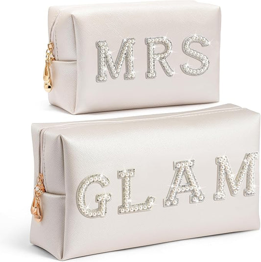 CY2SIDE Mrs Letter Makeup Bag - 2PCS White GLAM and MRS Pearl Rhinestone Letter Patch Cosmetic Bag PU Leather Patch Pouch Waterproof Portable Zipper Travel Organizer for Wedding Bride Christmas Gifts