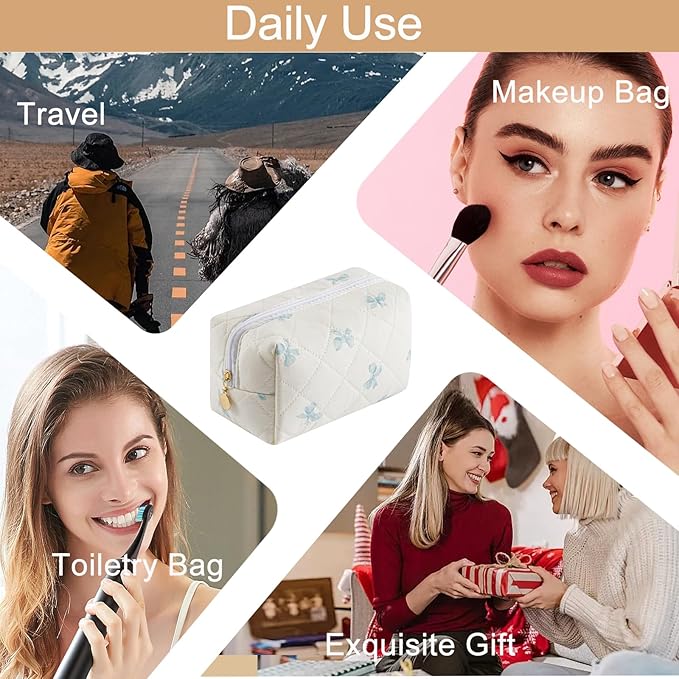 Quilted Cotton Makeup Bag Travel Cosmetic Bag for Women Girls, Zipper Make Up Pouch, Bow Pattern Toiletry Organizer Makeup, Portable Storage Bag (Blue Bow Tie)
