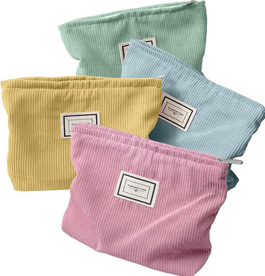 Sanwuta 4 Pack Velvet Makeup Bag Cosmetic Bag for Women Large Capacity Corduroy Pouch Zipper Canvas Travel Toiletry Purse Make up Organizer Case Accessories(Macaron Series,Plaid)