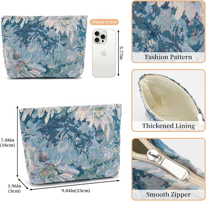 WOZEAH Floral Makeup Bag for Purse Small Cosmetic Pouch,Stylish Zipper Make up Pouch Travel Canvas Toiletry Bags(Painting Flower 1)