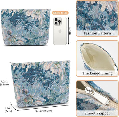 WOZEAH Floral Makeup Bag for Purse Small Cosmetic Pouch,Stylish Zipper Make up Pouch Travel Canvas Toiletry Bags(Painting Flower 1)
