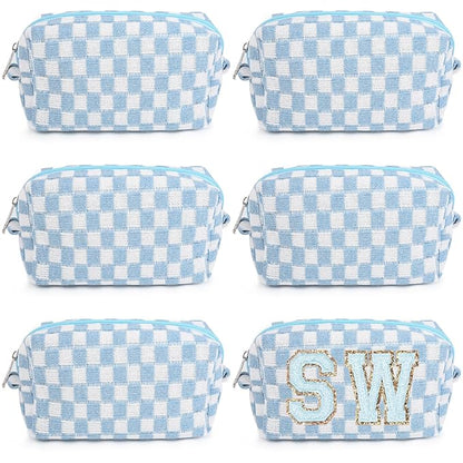 6 Pcs Preppy Makeup Bag Bulk Checkered Cosmetic Bag Light blue Makeup Pouch Personalize Travel Toiletry Bag Organizer Cute DIY Makeup Brushes Storage Bag for Women
