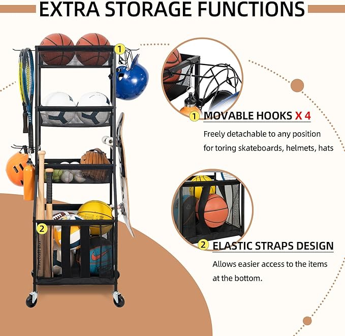 STORAGE MANIAC Ball Storage Bin Rolling Sports Ball Cart, Metal Garage Organizer Sport Rack Basketball Storage Cage for Garage or Gym, Indoor & Outdoor Sports Equipment Organizer