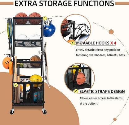 STORAGE MANIAC Ball Storage Bin Rolling Sports Ball Cart, Metal Garage Organizer Sport Rack Basketball Storage Cage for Garage or Gym, Indoor & Outdoor Sports Equipment Organizer