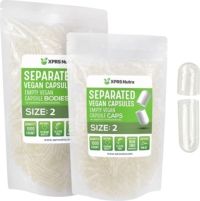 XPRS Nutra Vegan Size 2 Separated Capsules - 1000 Count Premium Empty Capsules Separated in Bags - Clear Empty Capsules - Separated Empty Capsules - Pill Capsules Empty for DIY Supplement Filling