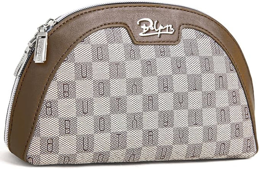 Small Makeup Bag for Purse Cosmetic Bag: Checkered Make up Bag for Women - Cute Preppy Skincare Bags for Evening - Waterproof Travel Pouch for Toiletry Organizer with Mirror & Zipper(023-Light Brown)