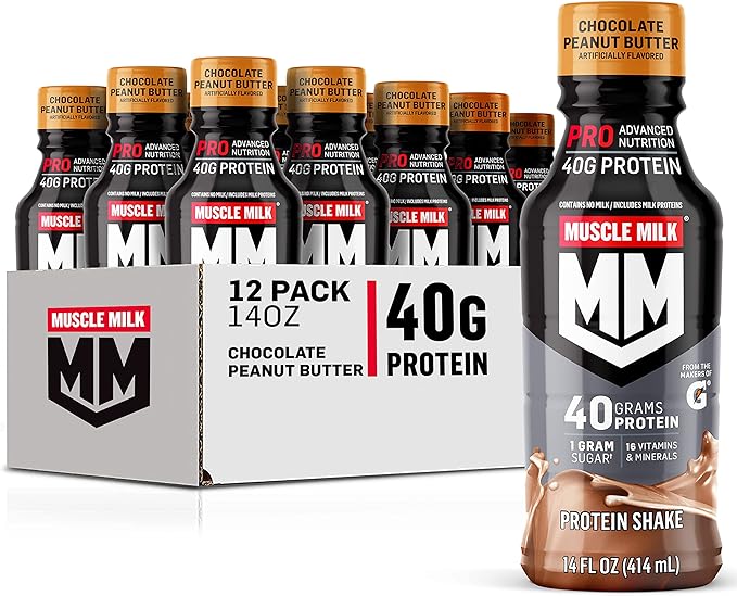 Muscle Milk Pro Series Chocolate Peanut Butter Protein Shake 40g Protein Pack of 12 & Pro Advanced Nutrition Knockout Chocolate Protein Shake 32g Protein Pack of 12