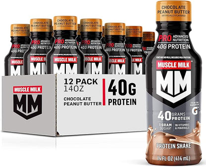 Muscle Milk Pro Series Chocolate Peanut Butter Protein Shake 40g Protein Pack of 12 & Pro Advanced Nutrition Knockout Chocolate Protein Shake 32g Protein Pack of 12