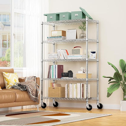 Steel Storage Shelving 5-Tier Utility Shelving Unit with Wheels, Steel Organizer Wire Rack for Home,Kitchen,Office,Garage,17.7" D x 47.2" W x 76.7" H-Chrome