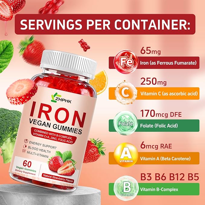 Iron Supplement Gummies, 65mg Iron and 250mg Vitamin C for Women Men Kids, Natural Vegan Iron Gummy with Vitamin A, B-Complex, Biotin, Zinc & Folate -Blood Builder & Energy Support, 60 Gummies