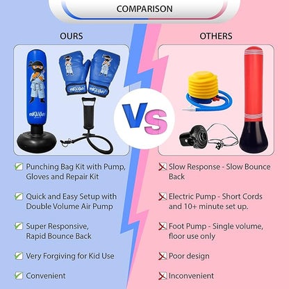 Punching Bag for Kids - 5' 3" Tall and Stable - Ninja Kids Inflatable Punching Bag Combo Kit with Kids Boxing Gloves, a Pump and Repair Kit. Boxing Bag for Immediate Bounce Back