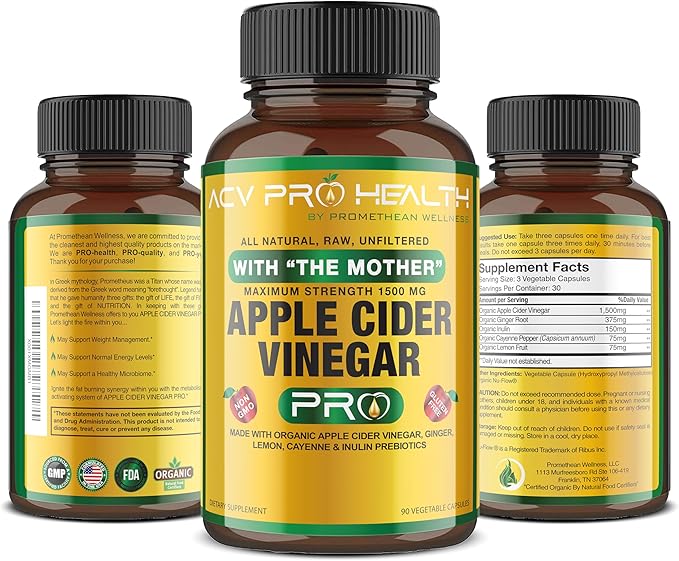 ACV Pro Apple Cider Vinegar Capsules Certified Organic with Mother ACV Pills Detox Cleanse Acid Reflux Relief Support Supplement Ginger Root Cayenne Pepper Powder