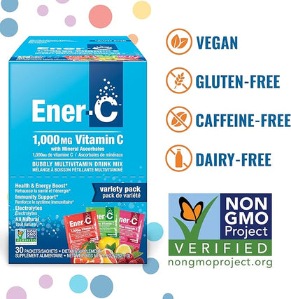Ener-C Variety Pack Multivitamin Drink Mix Powder Vitamin C 1000mg & Electrolytes with Real Fruit Juice Natural Energy & Immune Support for Women & Men - Non-GMO Vegan & Gluten Free - 60 Count