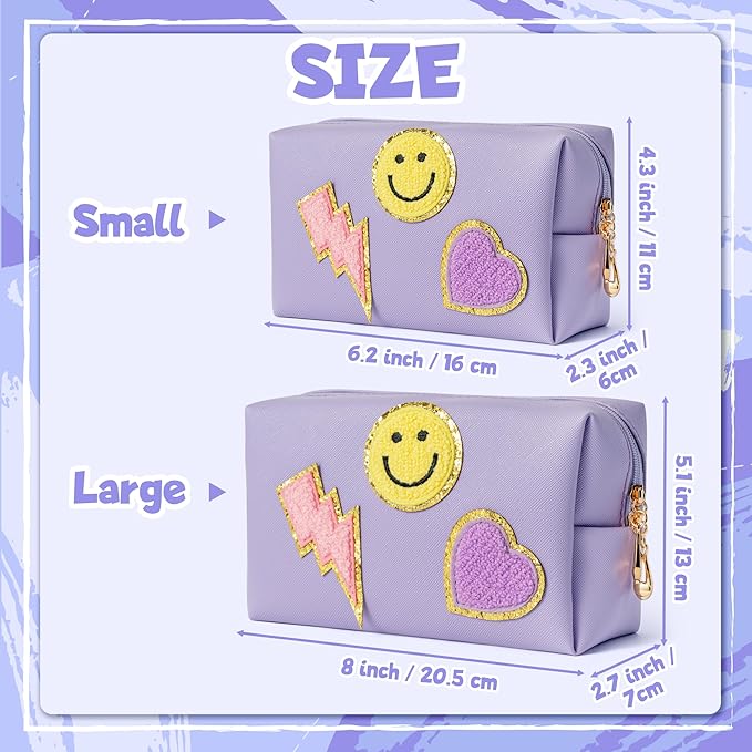 LieToi Preppy Patch Cosmetic Toiletry Bag, PU Leather Portable Waterproof Makeup Bag Smile Lightning Heart Organizer Compliant Bag Daily Travel Use Storage Purse for Women Girls (Large, Taro Purple)