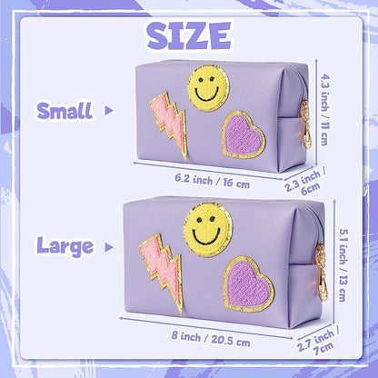 LieToi Preppy Patch Cosmetic Toiletry Bag, PU Leather Portable Waterproof Makeup Bag Smile Lightning Heart Organizer Compliant Bag Daily Travel Use Storage Purse for Women Girls (Large, Taro Purple)