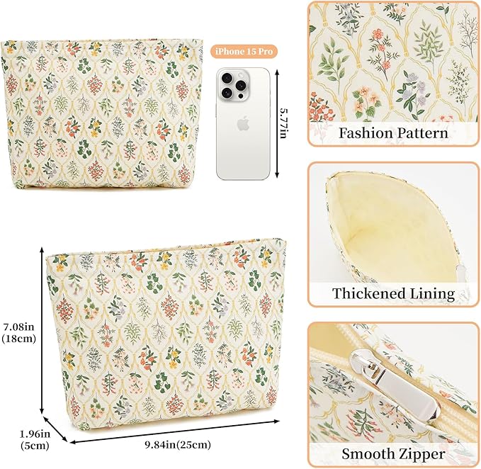 WOZEAH Floral Makeup Bag for Purse Small Cosmetic Pouch,Stylish Zipper Make up Pouch Travel Canvas Toiletry Bags(Rhombic Flower)