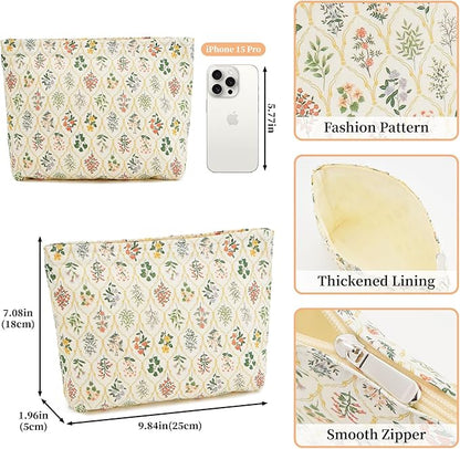 WOZEAH Floral Makeup Bag for Purse Small Cosmetic Pouch,Stylish Zipper Make up Pouch Travel Canvas Toiletry Bags(Rhombic Flower)