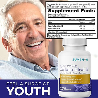 Juvenon Cellular Health | Heart, Brain Supplement with Acetyl L-Carnitine and Biotin - Supports NAD+ Function, Energy Production, Mood, Revitalized Metabolism, Mental Focus & Clarity (90 Capsules)