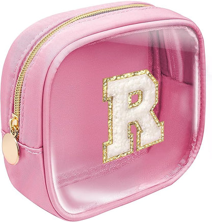 LETGO Initial Mini Makeup Bag | Make Up Bag Travel Toiletry Bag | Clear Makeup Bag | Cute Cosmetic Bags Organizer Travel Essentials Gifts for Women Girlfriend Teacher Brithday Gifts (Pink, R)