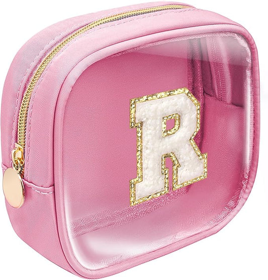 LETGO Initial Mini Makeup Bag | Make Up Bag Travel Toiletry Bag | Clear Makeup Bag | Cute Cosmetic Bags Organizer Travel Essentials Gifts for Women Girlfriend Teacher Brithday Gifts (Pink, R)