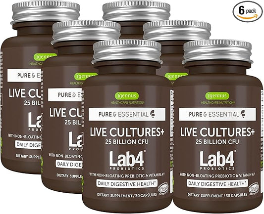 Live Cultures+ Lab4 Probiotics & Prebiotic, Lactobacillus Acidophilus & Bifidobacterium, Guaranteed 25 Billion CFU,Vegan, Non-Bloating Gut Health Support, Non-GMO, 6 x 30 Capsules, by Igennus