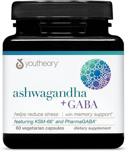 Youtheory Ashwagandha + GABA - 1,000 mg Ashwagandha & 100 mg GABA - Cortisol, Stress & Memory Support Supplement - 60 Vegetarian Capsules