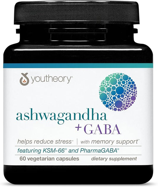 Youtheory Ashwagandha + GABA - 1,000 mg Ashwagandha & 100 mg GABA - Cortisol, Stress & Memory Support Supplement - 60 Vegetarian Capsules