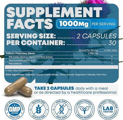 TUDCA+ 1000mg Bile Salt Supplement for Liver Support, Detoxification, Digestive Health, Inflammation, and Skin Health - Made in The USA (60 Vegan Capsules)