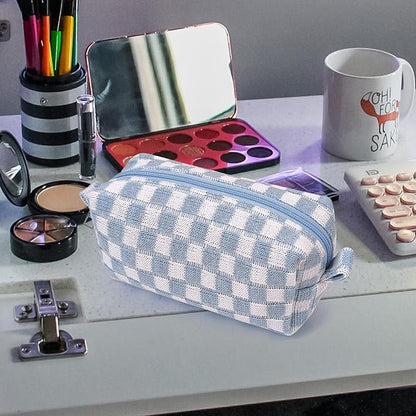 Small Cute Checkered Makeup Bag - Portable Cosmetic Pouch with Zipper, Travel Toiletry Bag, Purse Organizer, Beauty Storage, Blue