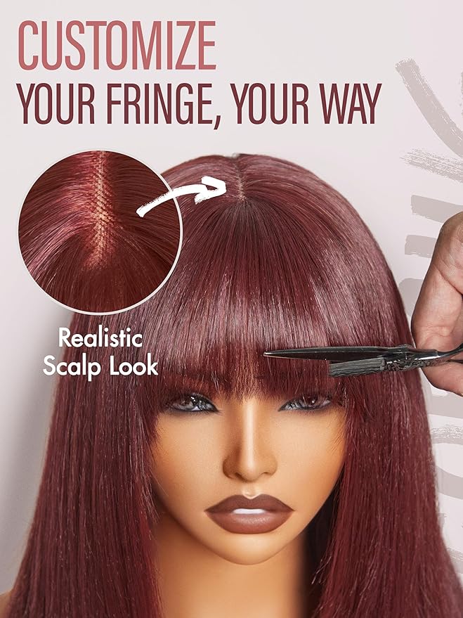 GORGIUS Straight Glueless Wig with Bangs Burgundy Red Layered Hair Ready-to-Go Synthetic Bang Wigs with Realistic Scalp 24 Inch