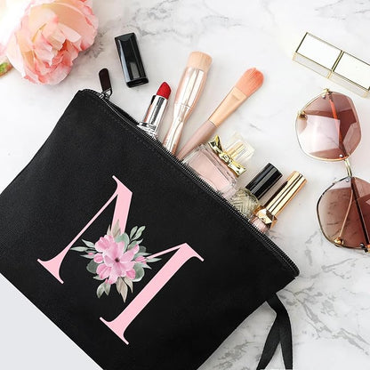 Vavabox A-Z Personalized Makeup Bag, Birthday Gifts for Women Mom, Gifts for Best Friend, Bride Bridesmaid Cosmetic bag (M, Black)