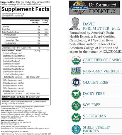 Garden of Life Dr. Formulated Probiotics Fitbiotic Weight Management Powder 50 Billion CFU & Fiber, Organic & Non-GMO Digestive Gut Health Supplement, 3 Oz, Pack of 20