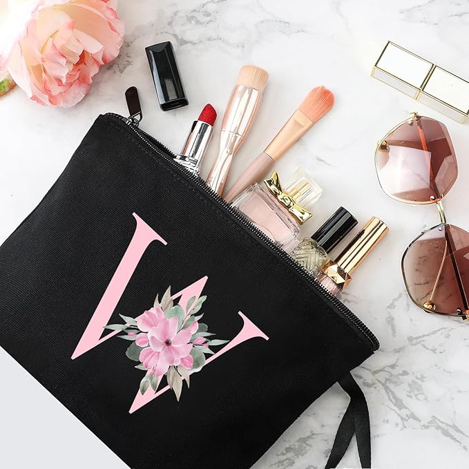 Vavabox A-Z Personalized Makeup Bag, Birthday Gifts for Women Mom, Gifts for Best Friend, Bride Bridesmaid Cosmetic bag (W, Black)