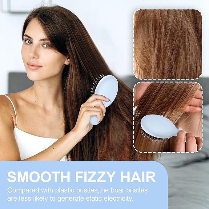 Mini Boar Bristles Hair Bursh, Travel Size Hair Brush for Women Men Kids, Protable Small Hair Brush for Pockets Purses, Mini Detangler Brush for Smooth Add Shine (1 Pack-Blue)