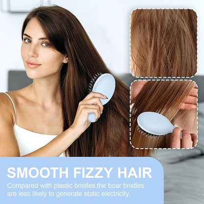 Mini Boar Bristles Hair Bursh, Travel Size Hair Brush for Women Men Kids, Protable Small Hair Brush for Pockets Purses, Mini Detangler Brush for Smooth Add Shine (1 Pack-Blue)